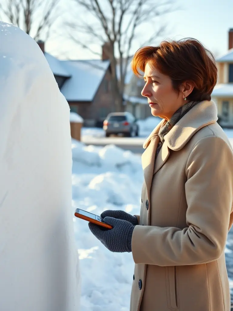 A close-up shot of a worried homeowner looking at a large snow pile blocking their driveway, with a calculator in their hand, symbolizing the uncertainty of per-storm pricing.