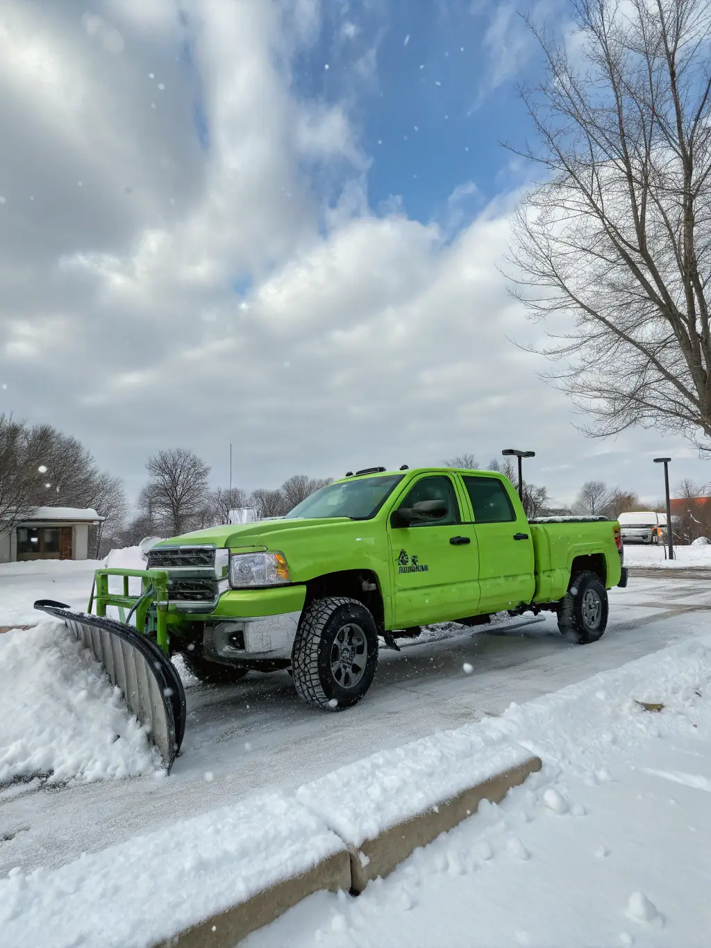 A snow-covered driveway of a regular-sized residential lot in Bozeman, Montana, with a Norcrest Snow Removal truck clearing the snow. The house is a typical suburban home.