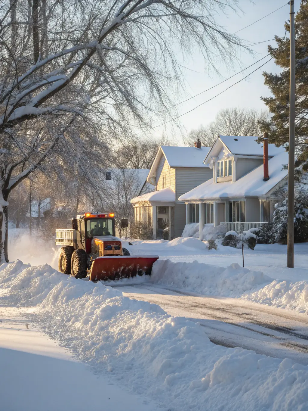 A snow-covered corner residential lot in Bozeman, Montana, with a Norcrest Snow Removal team working efficiently. The corner lot is visibly larger than a regular lot.