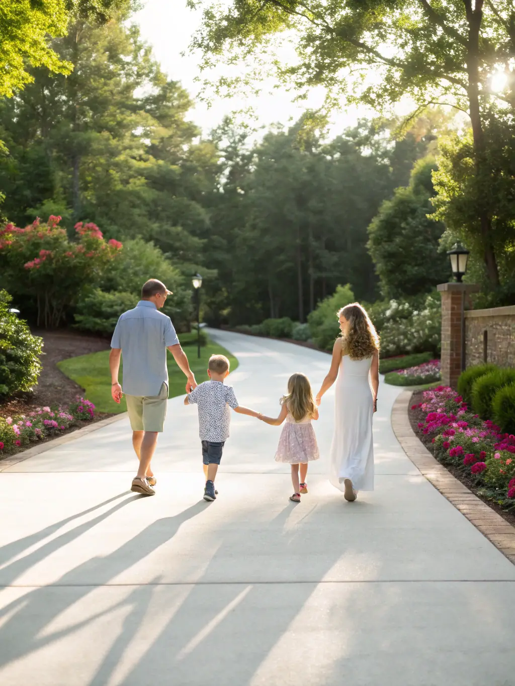 An image of a family happily leaving their snow-free driveway on a winter morning, heading to work and school, showcasing the convenience of fixed-price snow removal.